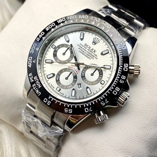 Rolex Daytona Silver Chain Black Bezel White Dial
